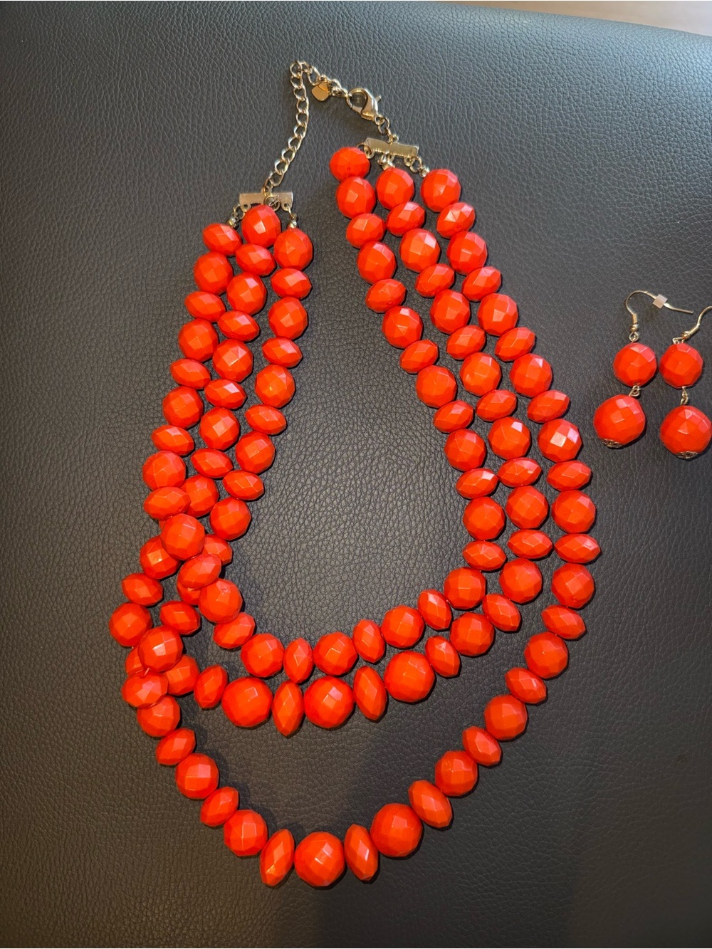 Bold Orange Three-Strand Faceted Bead Necklace with Matching Earrings
